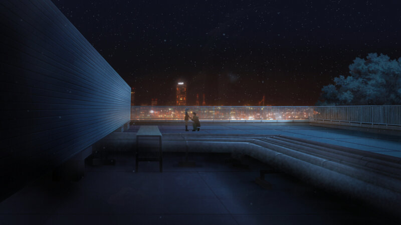 Two Figures on Rooftop — Blue
