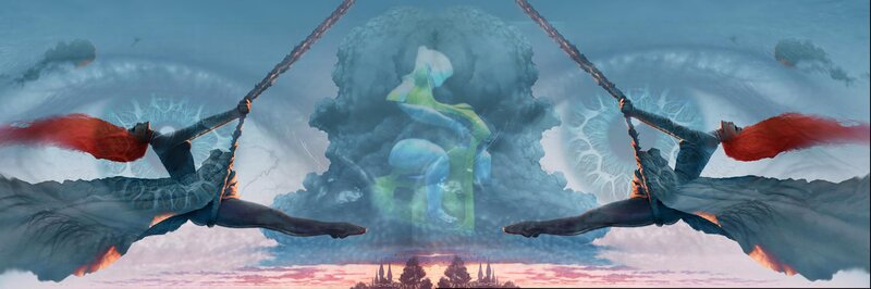 Two figures on swings in a dreamlike sky