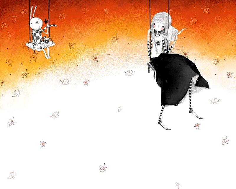 Two figures on swings in autumn