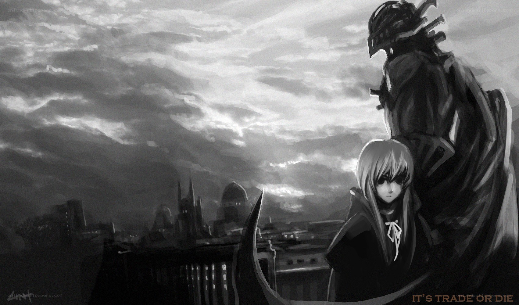two figures overlooking a city
