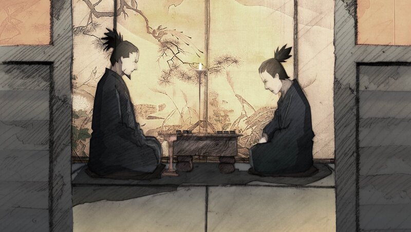 Two figures playing a board game