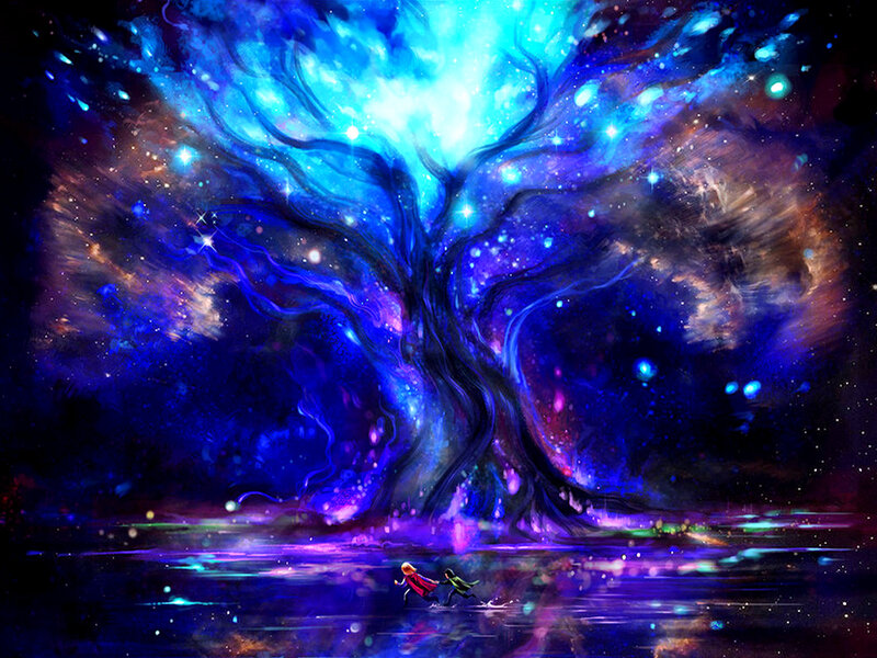 Two Figures Running — Blue, Magical