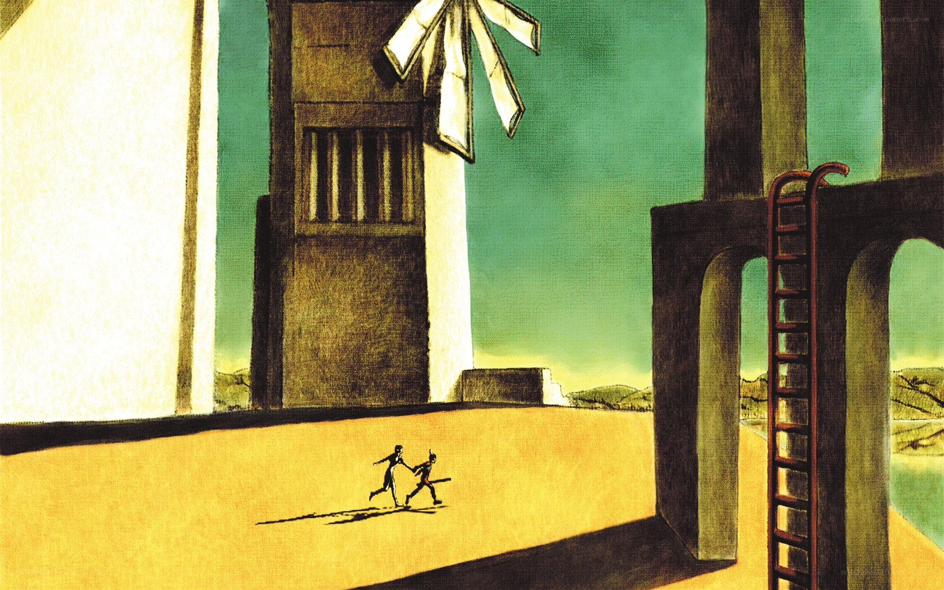 Two figures running in a surreal landscape