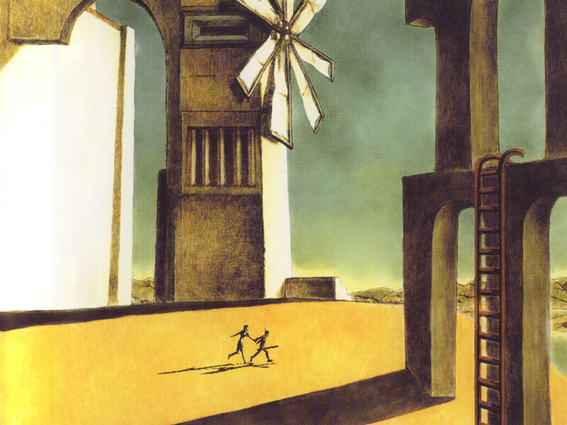 Two figures running near a windmill