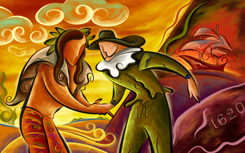 Two Figures Shaking Hands — Orange