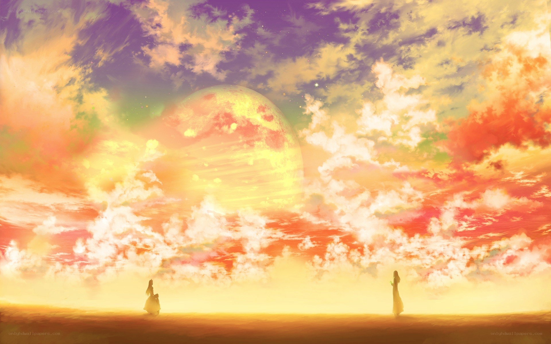 Two figures under a giant planet