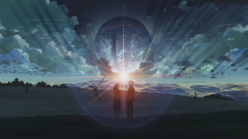 Two figures under a glowing sphere