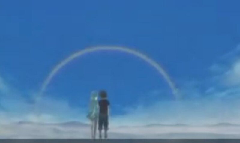 two figures under a rainbow