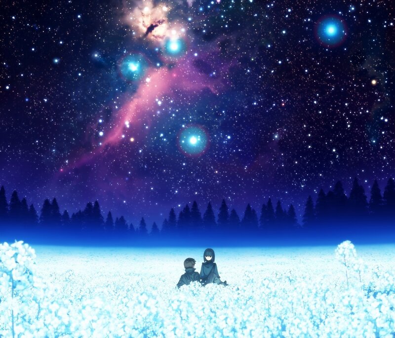 Two figures under a starry sky