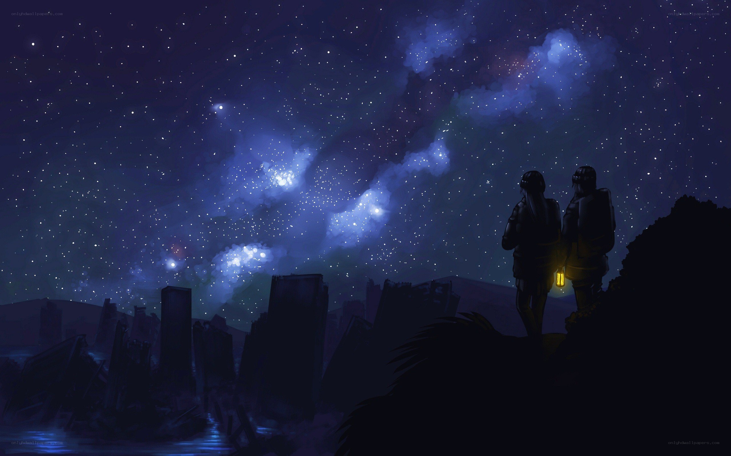 Two figures under a starry sky