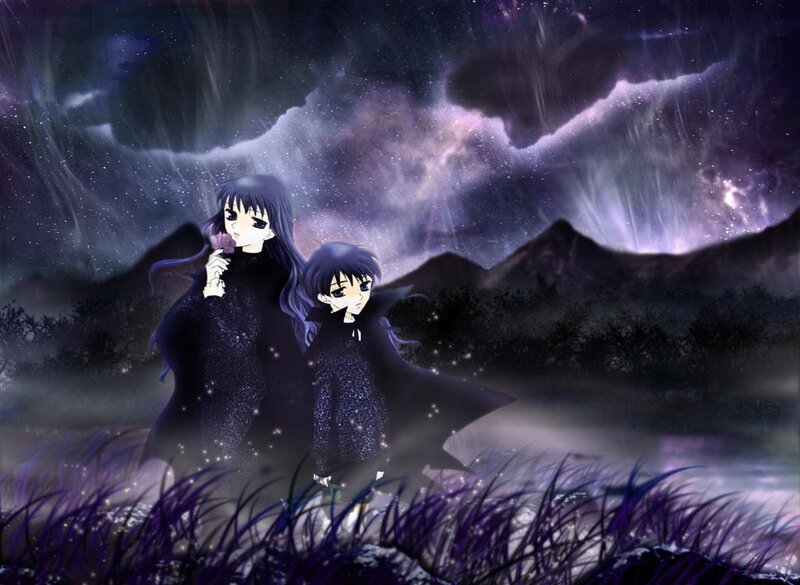 Two figures under a starry sky