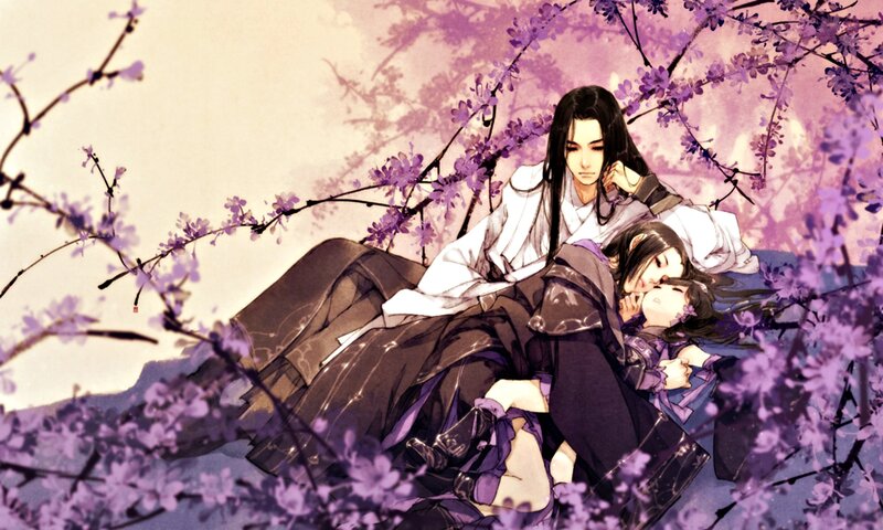 Two Figures under Blossoms — Purple, Serene