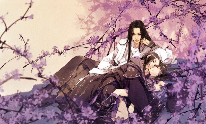 Two Figures under Blossoms — Purple