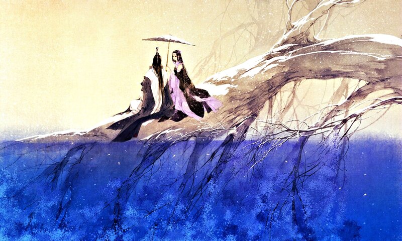 Two Figures under Umbrella — Blue