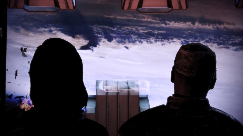 two figures view battle from cockpit