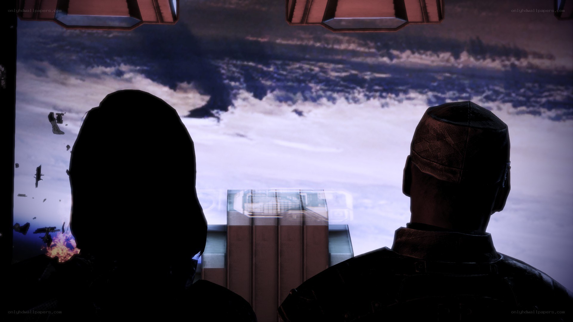 two figures view battle from cockpit