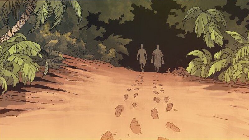 Two figures walk a jungle path