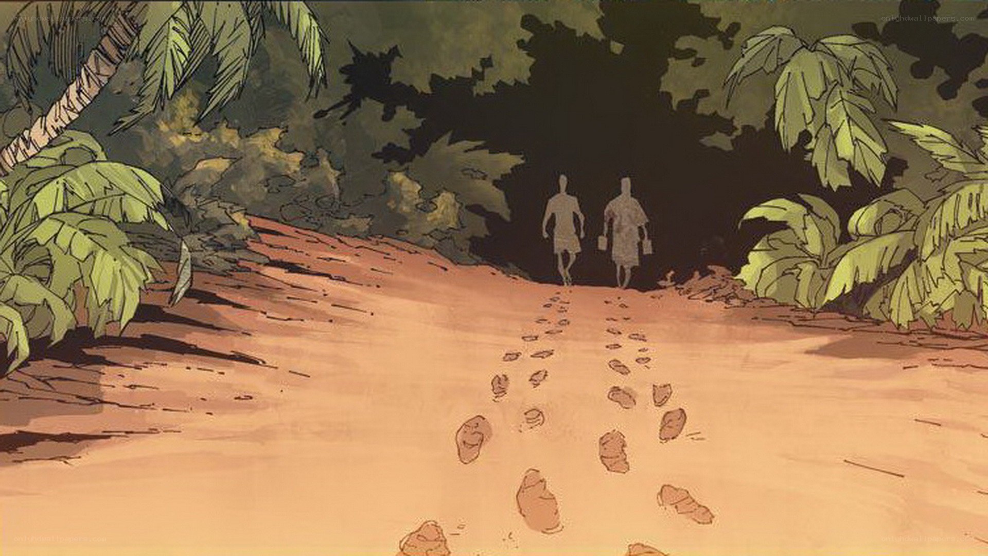 Two figures walk a jungle path
