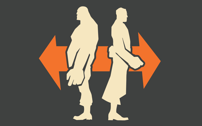two figures walking apart