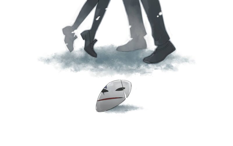 two figures walking with a mask