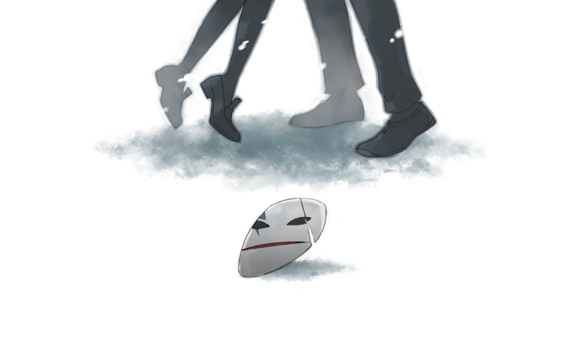 two figures walking with a mask