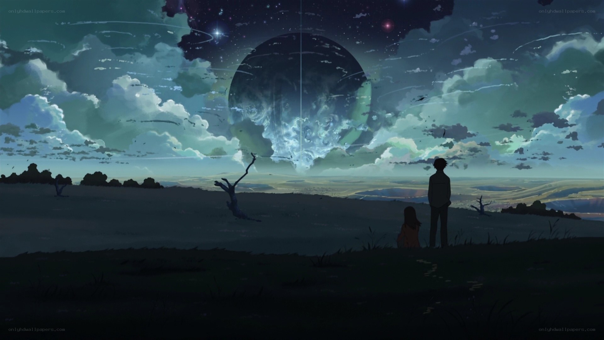 Two figures watch a celestial event