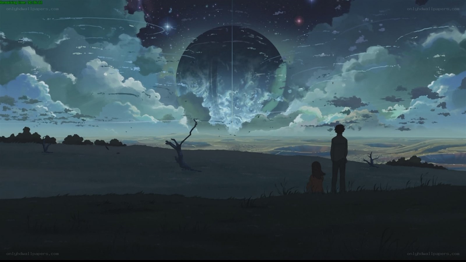 Two figures watch a celestial event