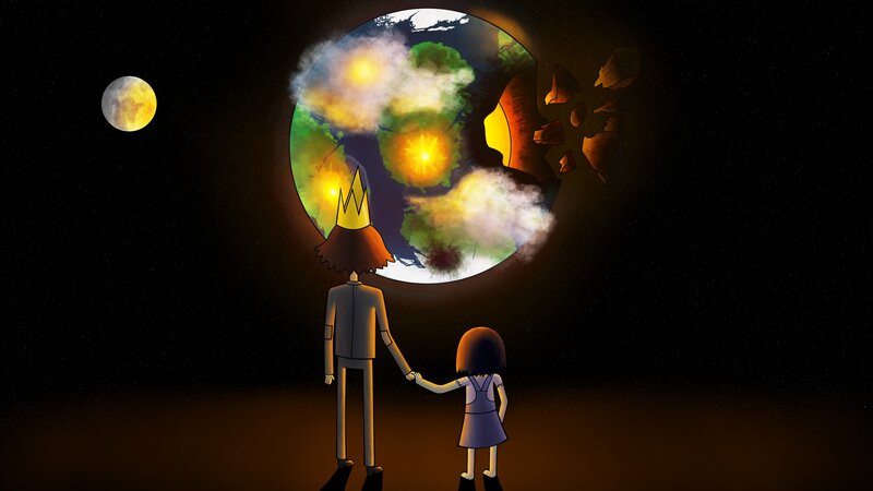 Two figures watch a planet's destruction