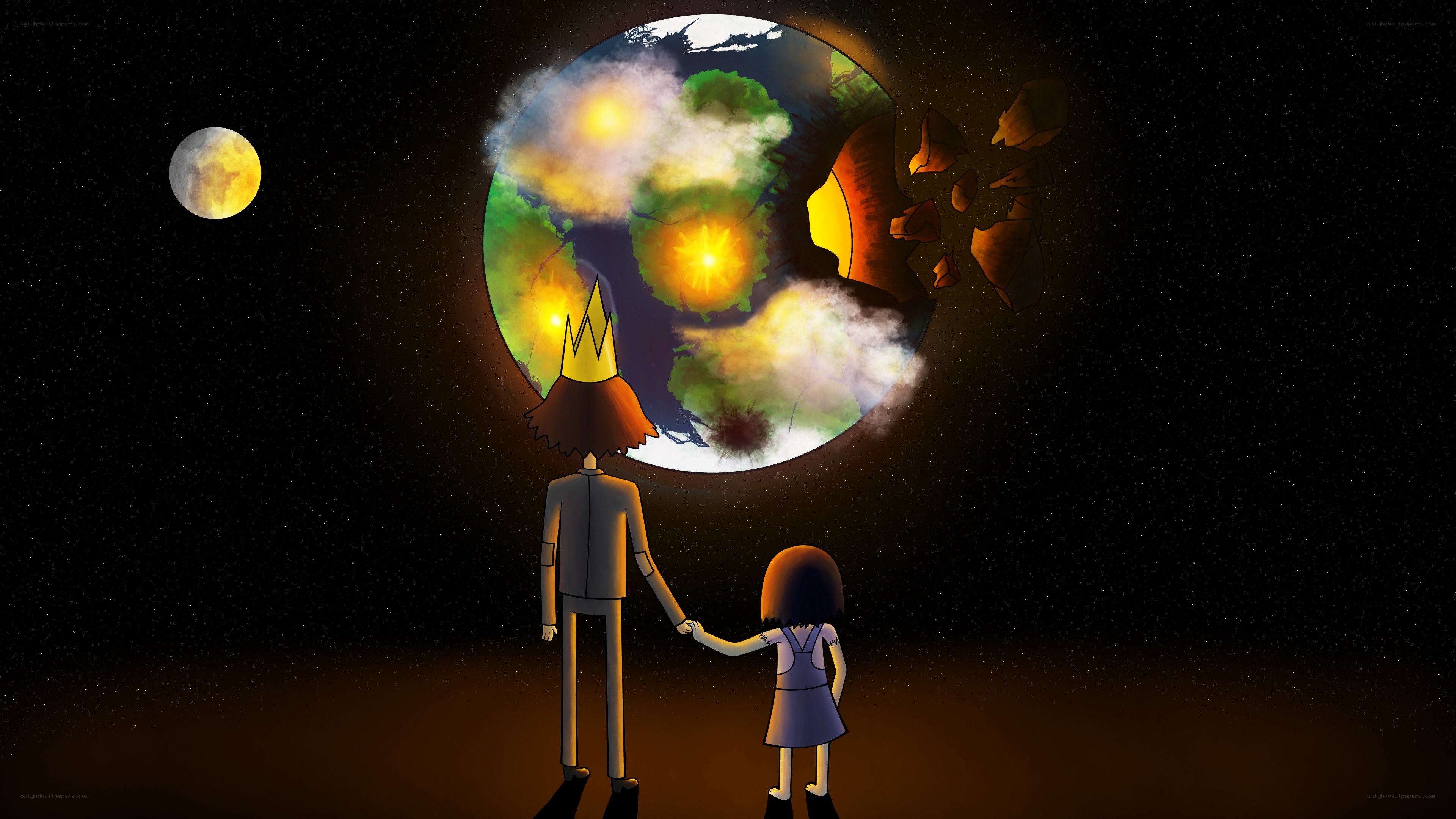 Two figures watch a planet's destruction