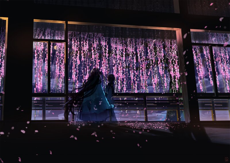 Two Figures Watching Cherry Blossoms