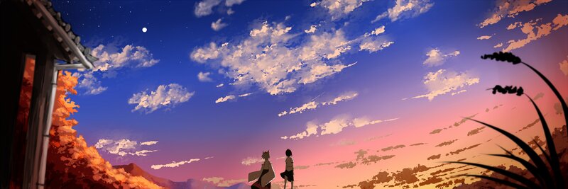 Two Figures Watching Sunset — Blue, Serene