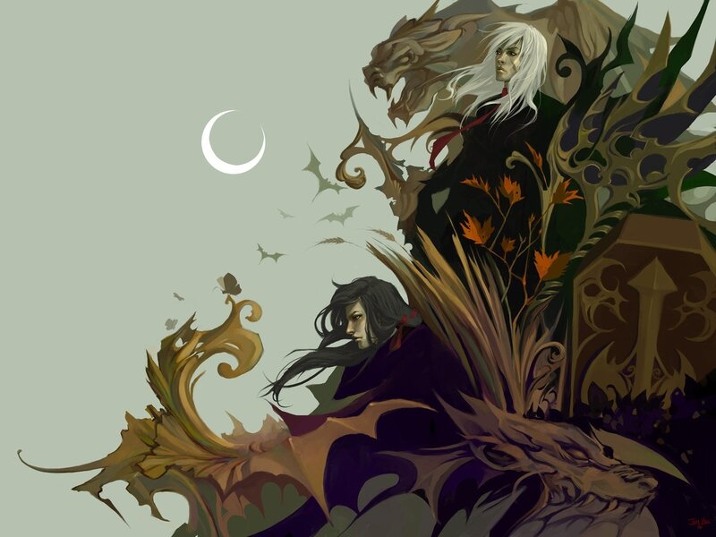 Two figures with a dragon under the moon