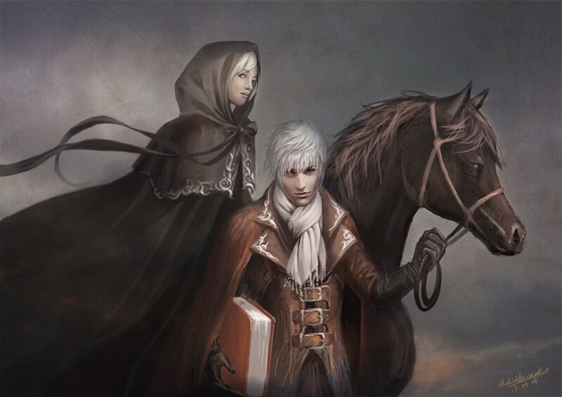 Two figures with a horse