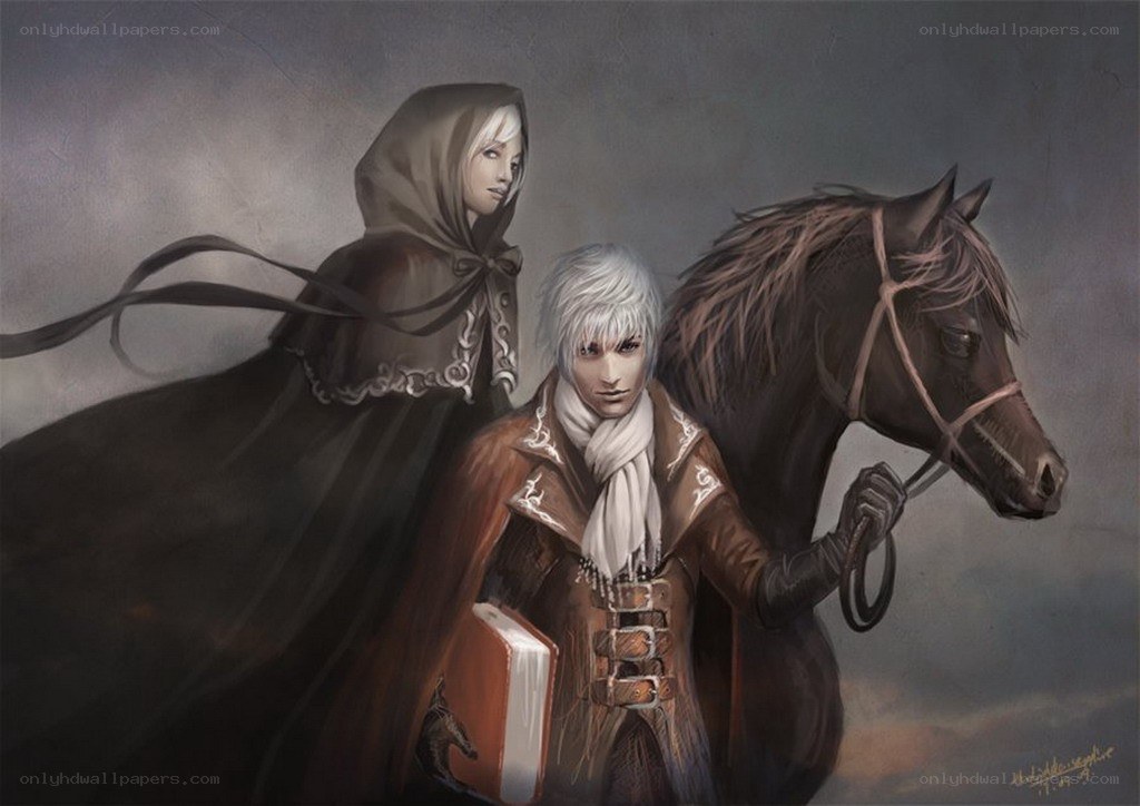 Two figures with a horse