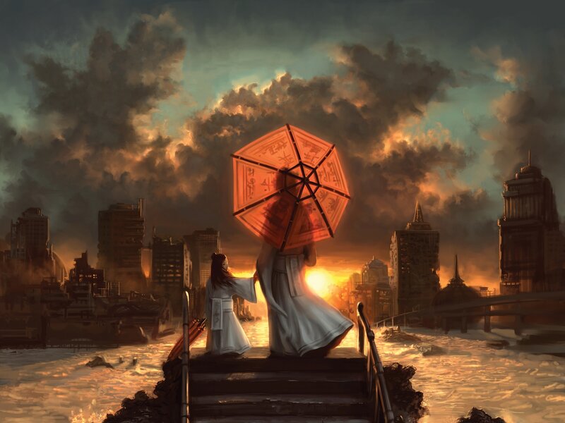 Two figures with a lantern in a ruined city