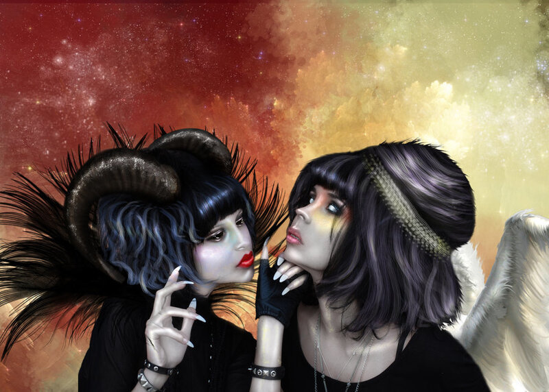 Two figures with celestial backgrounds