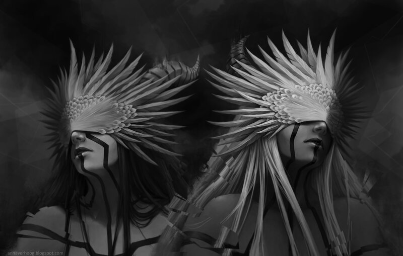 Two Figures with Feather Headdresses — Black, Dramatic, Digital Art