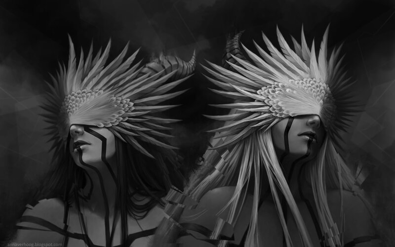 Two Figures with Feather Headdresses — Black, Dramatic