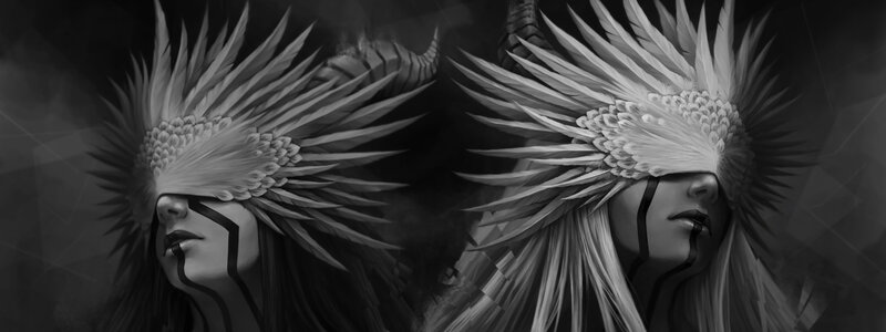 Two Figures with Feather Headdresses — Black