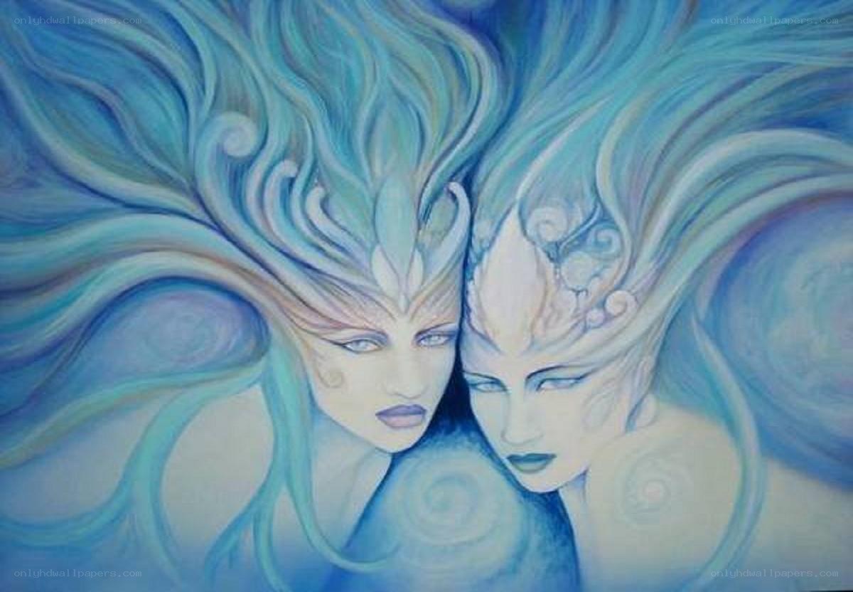two figures with flowing blue hair