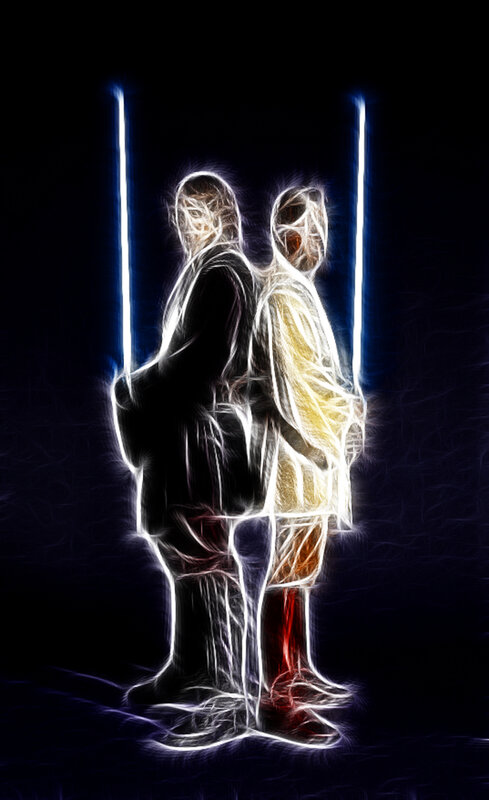 Two figures with glowing lightsabers