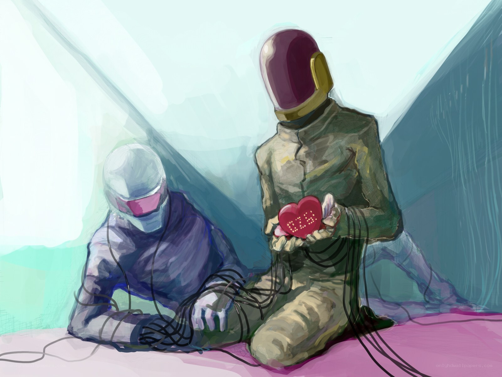 Two figures with heart device