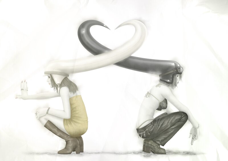 Two figures with heart-shaped horns