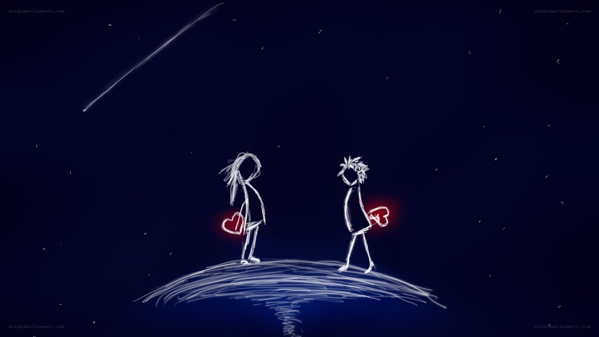 Two figures with hearts under a shooting star