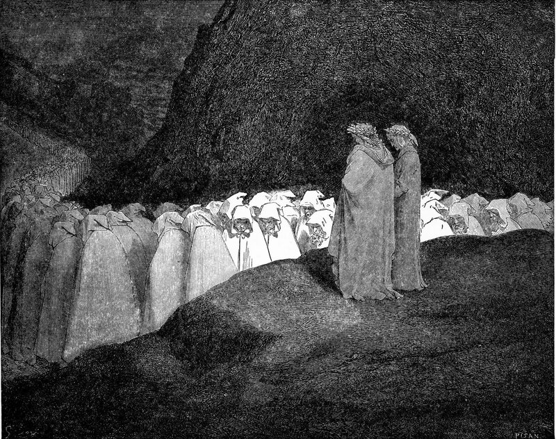 Two Figures with Hooded Crowd
