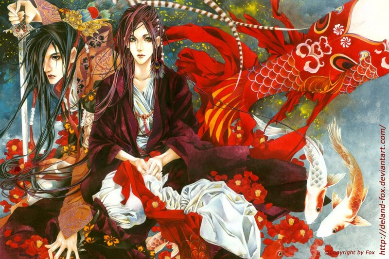 Two Figures with Koi Fish