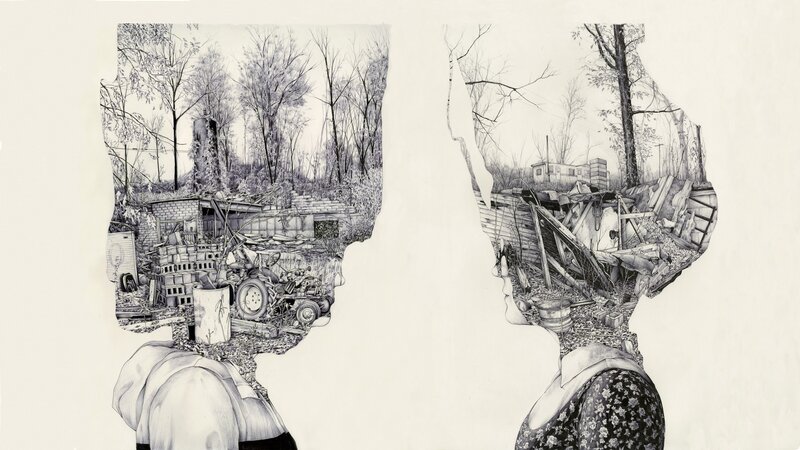 Two figures with landscape heads