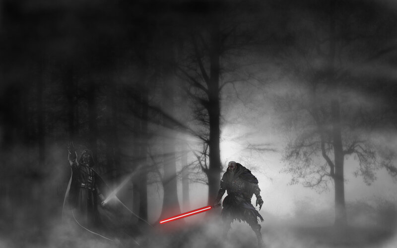 Two Figures with Lightsabers — Black, Dark, Dramatic