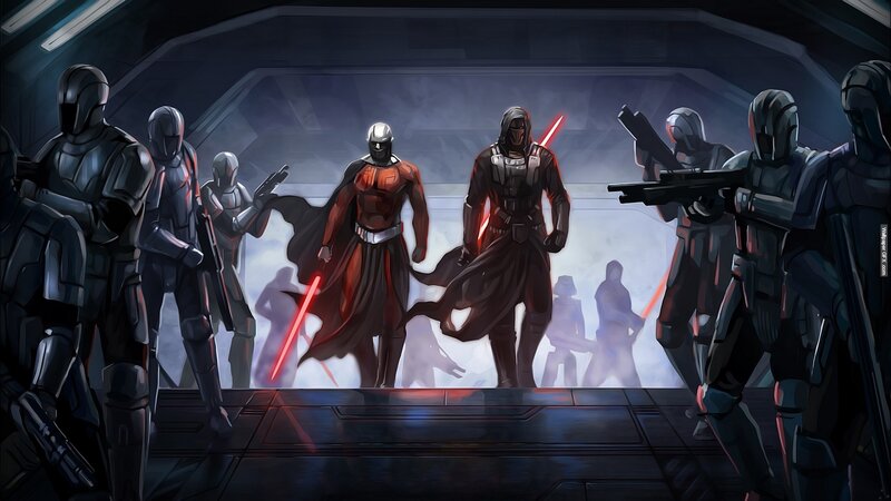 Two Figures with Lightsabers — Black, Dramatic, Digital Art, Armored Soldiers, Dark Corridor
