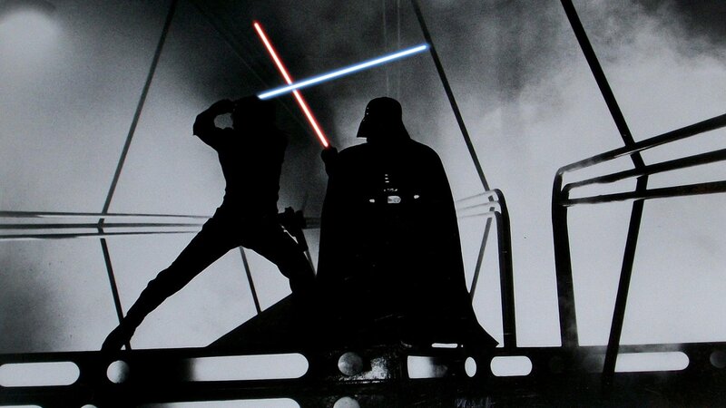 Two Figures with Lightsabers — Black, Dramatic, Photograph